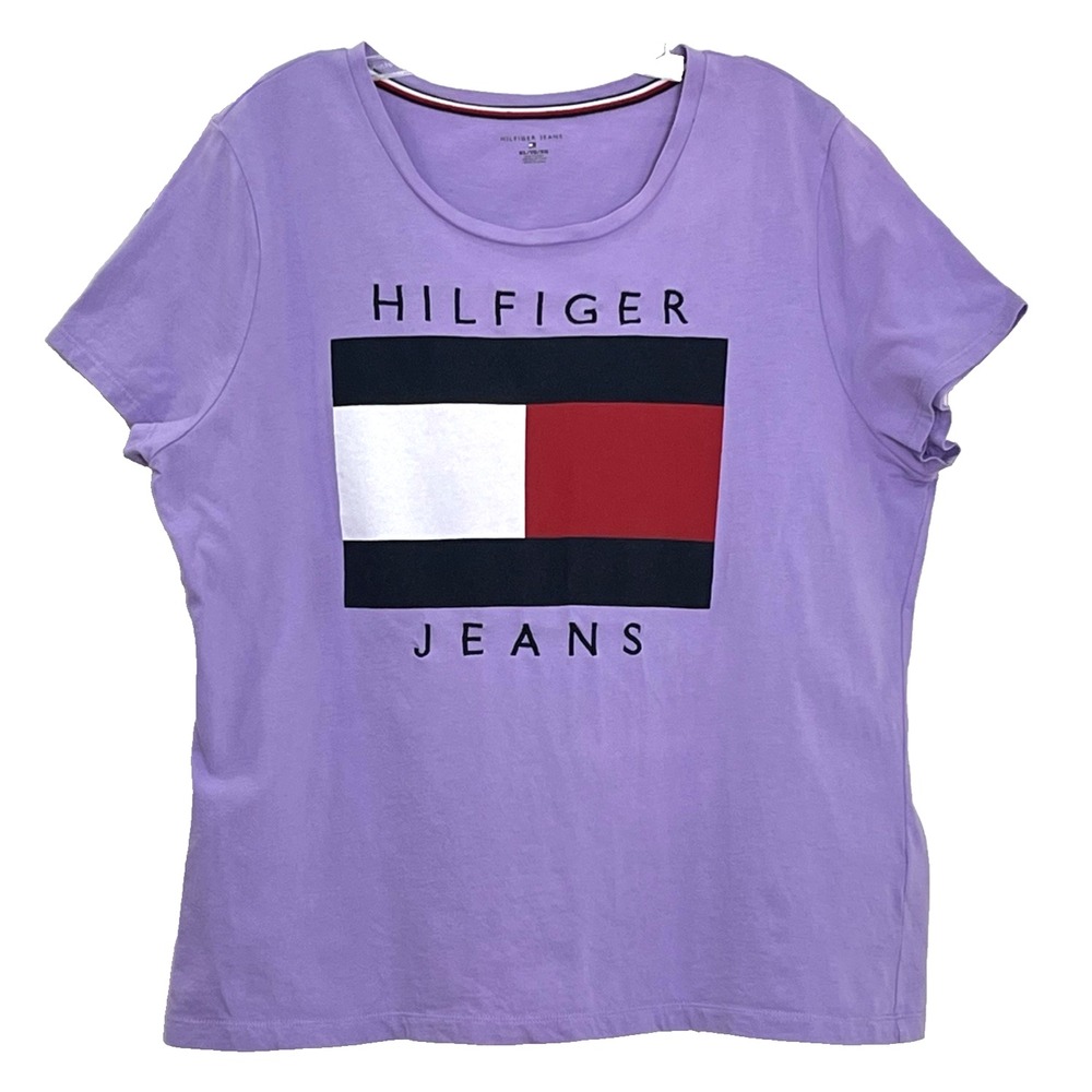 Tommy Hilfiger Jeans Women's T-Shirt XL Purple Big Flag‎ Embroidered Cap Sleeve